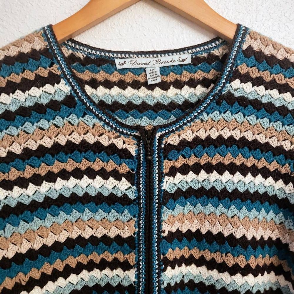 David Brooks Crocheted Knit Zippered Cardigan XL: Cottagecore Grandma Layering